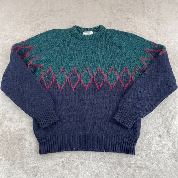 Vintage GAP Sweater Men‎ Large Blue Green 100% Wool Diamond Crew Neck Outdoors